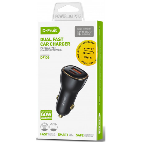 D-Fruit autolaadija 60W USB-A/USB-C DF103