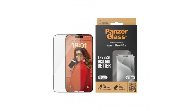 PanzerGlass ekraanikaitse Apple iPhone 15 Pro klaas läbipaistev lihtne paigaldus sõrmejäljekindel ko