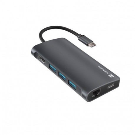 Natec USB-C mitmepordiline adapter Fowler 2 V2 8 in 1, 3× USB 3.0 jaotur, HDMI 4K, USB-C, RJ45, SD, 