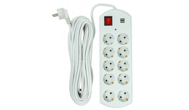 Extension cord 10m, 10 sockets, 2x USB, with switch