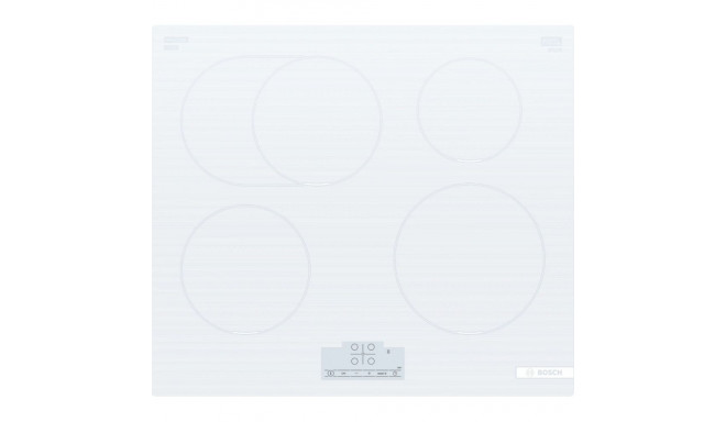 The Bosch Series 4 PIF612BB1E is a 60cm built-in induction hob featuring a sleek wh