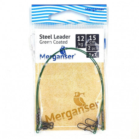 Steel leader, 1x7 covered, green, 12 kg, 15 cm, 2 pcs, Merganser