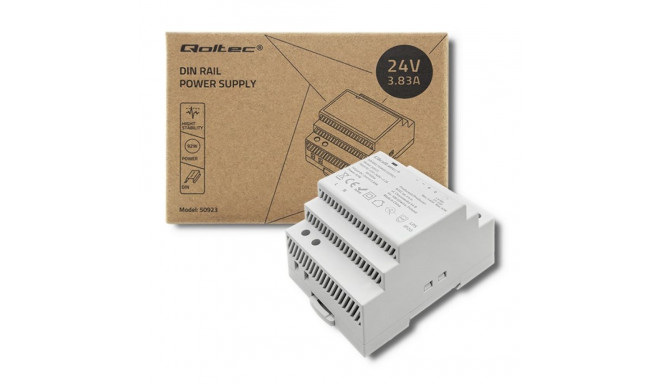 Qoltec Din Rail Power Supply | 92W | 24V | 3.83A | Grey