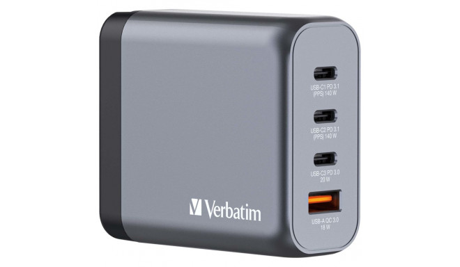 USB-laadija seinapesasse Verbatim GaN 140W, 2xUSB-C, 1xUSB-C (PD3.0), USB-A 20W ja USB-A 18W QuickCh