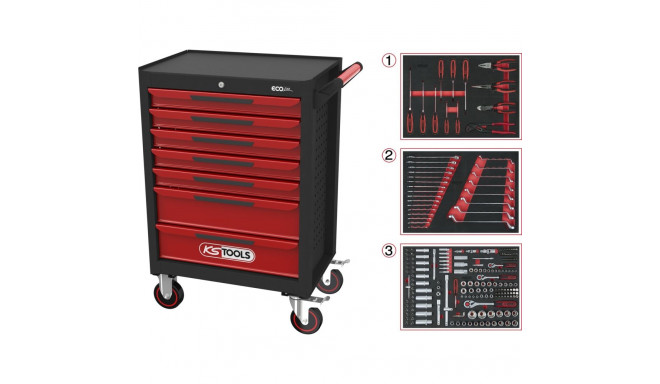 Tööriistakäru 215 tööriistaga KS TOOLS ECOline, 7 sahtlit