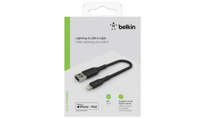 Belkin BOOST CHARGE™ Lightning - USB-A kaabel punutud, 0,15m, must