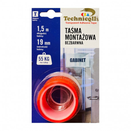 Kahepoolne teip õhuke värvitu Technicqll 19mm x 1,5m