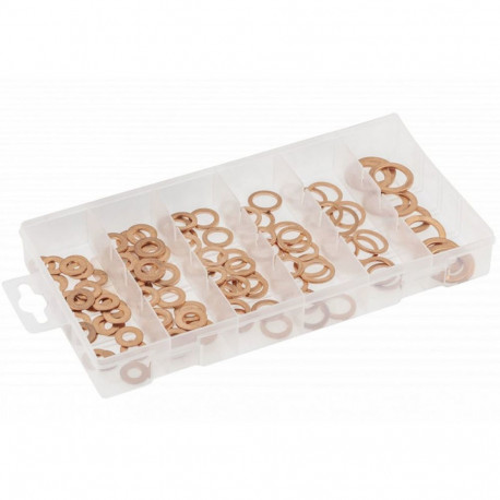 Hogert HT8G513 copper washer assortment, 110pcs, 6 sizes, 13.6-23.4mm, 0.8-1.5mm, 6.4-15.9mm, plasti