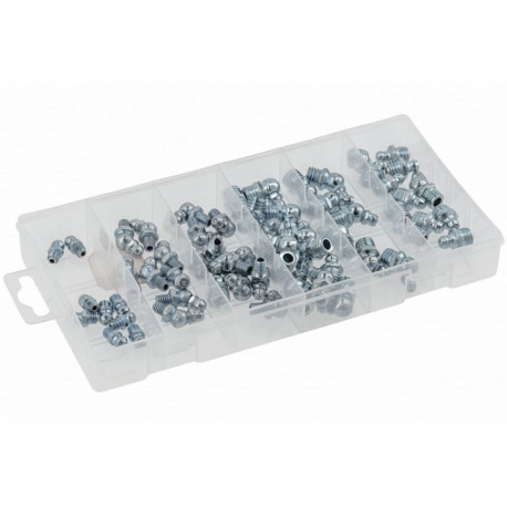Hogert HT8G511 määrdetiplite komplekt, 110tk, M6x1/M8x1/M10x1, 45°/90°, tsingitud teras, plastikkass