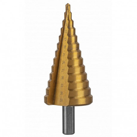 Hogert HT6D324 Step Drill Bit, 4-39mm, 13 steps, 1/4" HEX, HSS 4241, TiN coated, DIN 1412C, 118°
