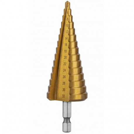 Hogert Step Drill Bit HT6D322, 4-20mm, HSS 4241, titanium nitride coated, 9 steps, 1/4" HEX, 118° an