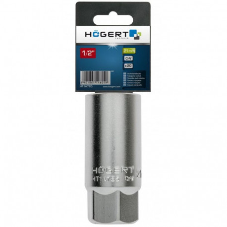Hogert socket HT1A785, 21mm, 1/2", CrV, DIN 3120, hexagon profile, spark plug socket