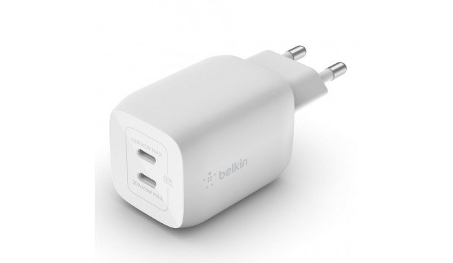 Belkin Boost Charge Pro Dual Port USB-C GaN 65 W PD 3.0 -verkkovirtalaturi, valkoinen