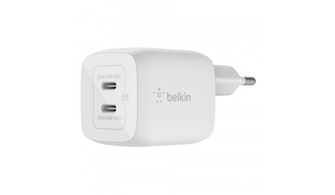 Belkin Boost Charge Pro Dual Port USB-C GaN 45 W PD 3.0 seinakontaktiga laadija, valge