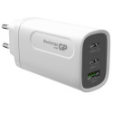 GP GaN PD 65 W -verkkovirtalaturi, 2x USB-C + 1x USB-A, valkoinen
