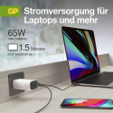 GP GaN PD 65 W -verkkovirtalaturi, 2x USB-C + 1x USB-A, valkoinen