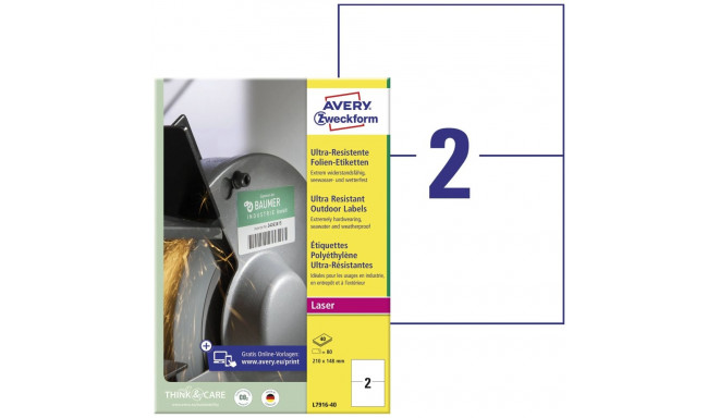 Kleebisetikett AVERY Zweckform 210x148mm 40 lehte PE kile ultra vastupidavad valge (L7916-40)
