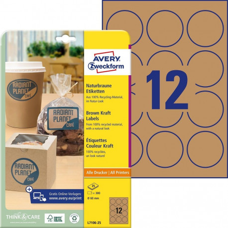 Labels brown kraft 60mm round 25 sheets
