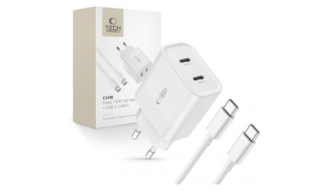 TECH-PROTECT C20W 2-PORT NETWORK CHARGER PD 20W + TYPE-C CABLE WHITE