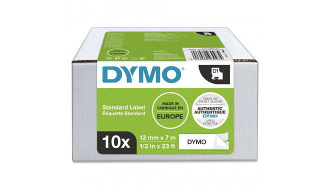 Dymo D1 teip 12 mm x 7 m, must valgel taustal, 10 tk pakk