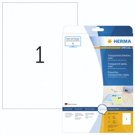 Herma 4375 -tarra, läpinäkyvä 210x297 mm, muovi, matta, 1os. 25/pak