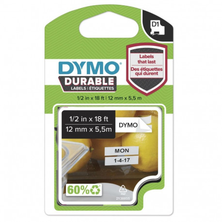 Dymo D1 Durable -kestotarra 12 mm x 5,5 m, musta valkoisella pohjalla