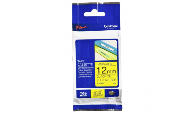 Brother TZe-631 -tarralint, 12 mm x 8 m, must kollasel taustal
