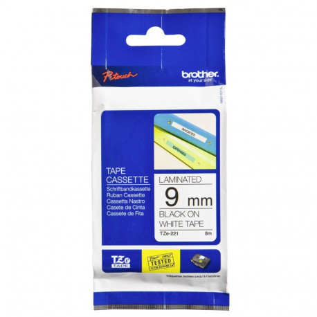 Brother TZe-221 tarralint, 9 mm x 8 m, must valgel taustal