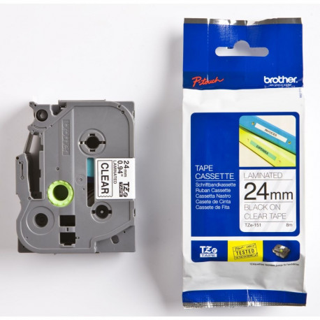 Brother TZe-151 -tarranauha, 24 mm x 8 m, musta kirkkaalla pohjalla