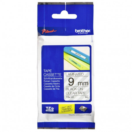 Brother TZe-121 tarralint, 9 mm x 8 m, must läbipaistval taustal