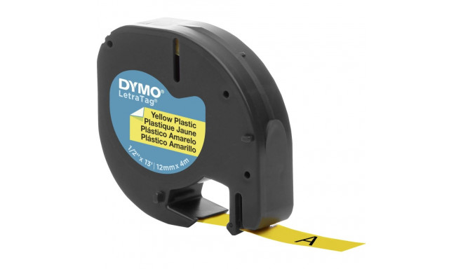 Dymo LetraTAG plastteip 12 mm x 4 m, must kollasel taustal