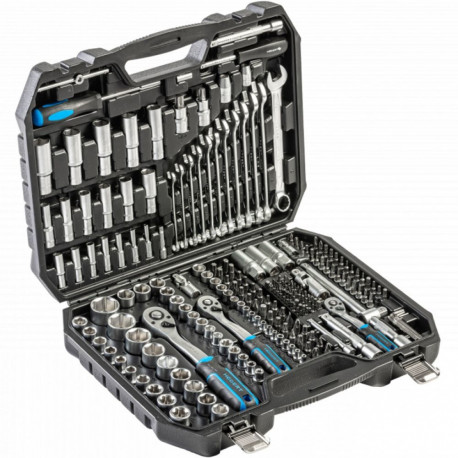 Hogert HT1R244 tööriistakomplekt 222tk, CrV/CrMo teras, 1/4, 3/8, 1/2, pöördkäepide 72 hammast, plas
