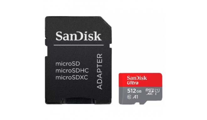 SanDisk Ultra microSDXC 512GB + SD Adapter 150MB/s A1 Class 10 UHS-I; EAN: 619659200572