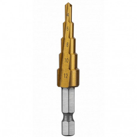Hogert Step Drill HT6D321, 4-12 mm, HSS 4241, titanium nitride coated, 5 steps, 1/4" HEX, 118° angle