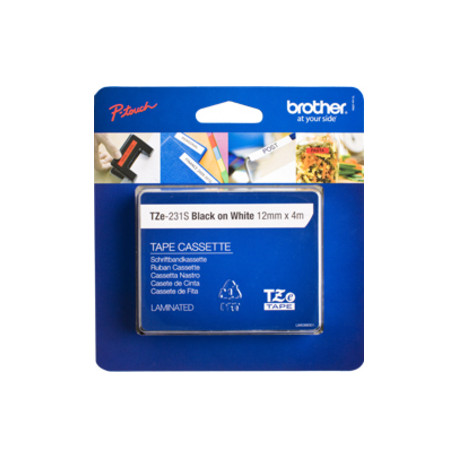 Brother TZe-231S2 -tarranauha, 12 mm x 4 m, musta valkoisella pohjalla