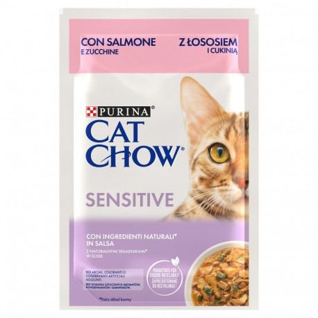 Purina Cat Chow Sensitive lõhe ja suvikõrvitsaga kastmes märgtoit kassidele 85 g