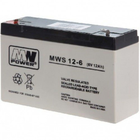 Lead–acid battery, MW Power MWS 12-6 (6V, 12Ah) (4.8mm) VRLA (Valve Regulated Lead-Acid)
