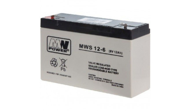 Svina akumulators, MW Power MWS 12-6 (6V, 12Ah) (4.8mm) VRLA (Valve Regulated Lead-Acid)