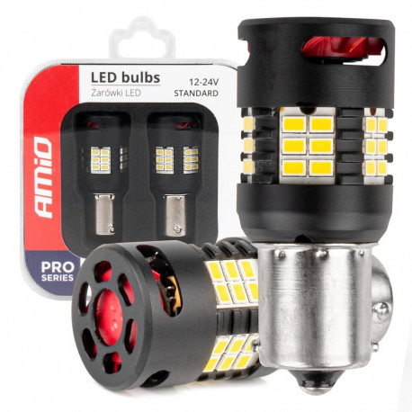 Amio led-pirnid canbus pro seeria 1156 ba15s p21w r10w r5w 24x3020 SMD fan 12V 24V amio-03721, valge