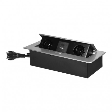 Mööblisse paigaldatav tasase freesitud servaga pistikupesa, USB-laadija ja 1,5 m juhtmega, 2x2P+Z, 2