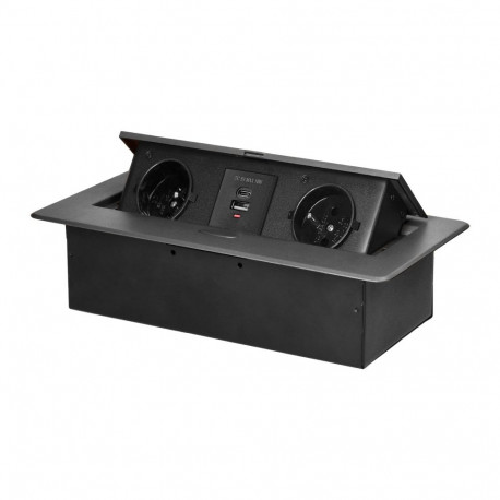 Gniazdo meblowe wpuszczane w blat z płaskim frezowanym rantem i ładowarką USB, 2x2P+Z, 2xUSB (typ A+