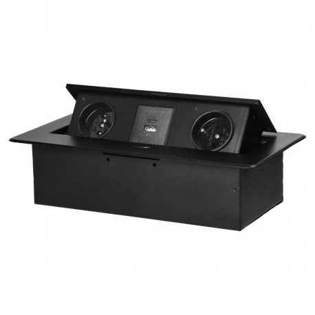 Gniazdo meblowe wpuszczane w blat z płaskim frezowanym rantem i ładowarką USB, 2x2P+Z, 2xUSB (typ A+
