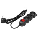 Przedłużacz 3-krotny 2P+Z, z wyłącznikiem, 5m H05VV-F 3x1,5mm2, Imax=16A, płaska wtyczka, czarny Przedłużacz 3-krotny 2P+Z, z wyłącznikiem, 5m H05VV-F 3x1,5mm2, Imax=16A, płaska wtyczka, czarny