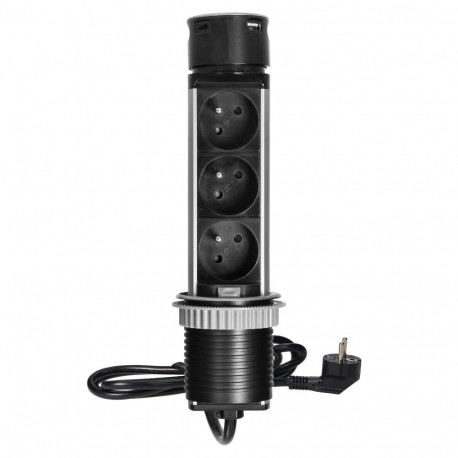 Mööblisse süvistatav pistikupesa -6cm USB-laadija ja 1,5m kaabliga, 3x2P+Z, 2xUSB (tüüp A ja tüüp C)