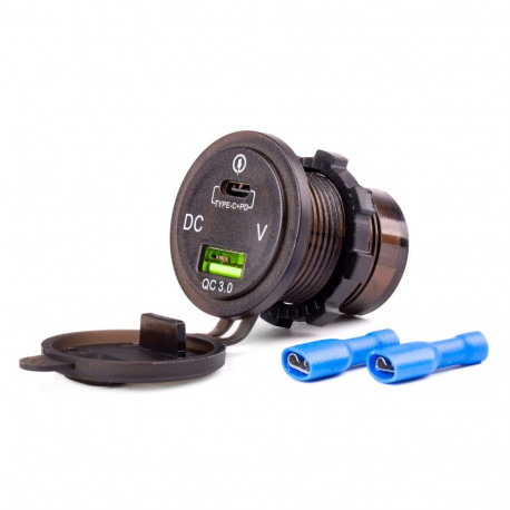 Wodoodporna ładowarka z gniazdami usb i testerem napięcia + usb-c 12v 24v mod-07 amio-02857