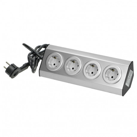 Gniazdo meblowe kuchenne 4x2P+Z, schuko, 16A, montaż na rzepy, INOX, przewód 1,5m z płaską wtyczką
