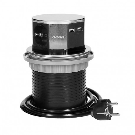 Gniazdo meblowe -10cm wysuwane z blatu z ładowarką USB i przewodem 1,5m, 3x2P+Z, 2xUSB, INOX, schuko