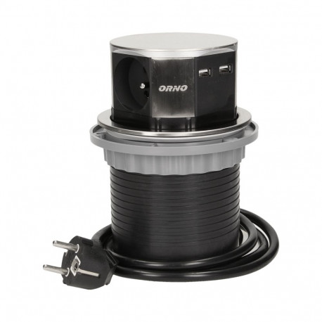 Gniazdo meblowe -10cm wysuwane z blatu z ładowarką USB i przewodem 1,5m, 3x2P+Z, 2xUSB, INOX