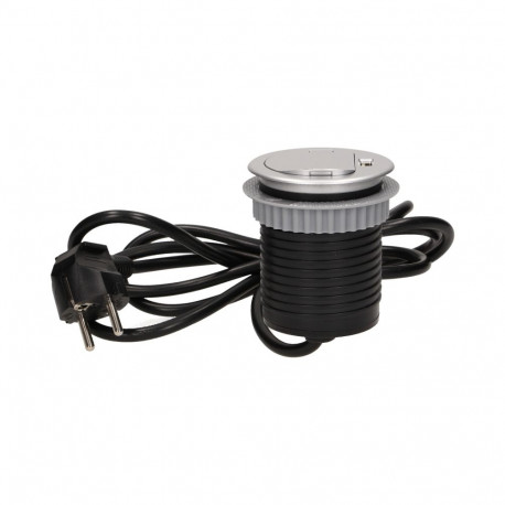 Mööblipesa -6cm tööpinna sisse süvistatav, kaanega, USB-laadija ja 1,8m juhtmega, 1x2P+Z, 1xUSB