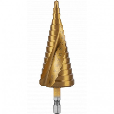 Hogert Step Spiral Drill Bit HT6D326, 4-32mm, HSS 4241, 15 steps, 1/4” HEX, 118°, auto-deburring